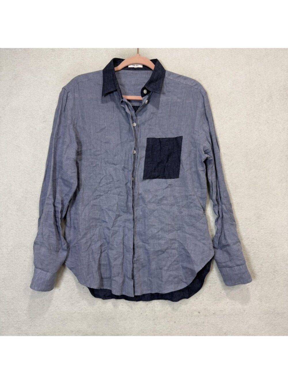 Reiss Shirt Mens Medium Blue Chambray Colorblock Long Sleeve Button Up Casual
